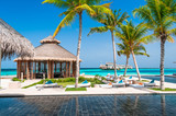 Fototapeta Sypialnia - Vacation deluxe. Tropical paradise. Maldives. Relax in the shadows of the palms.