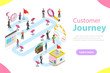 Customer journey flat isometric vector. People to make a purchase are moving by the specified route - promotion, search, website, reviews, purchase.