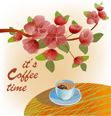 Canvas Print - Banner spring leaves blooming cherry blossom. Coffee on the table in the spring. Time to drink coffee.