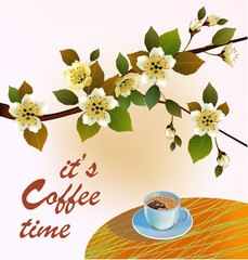 Canvas Print - Banner spring leaves blooming cherry blossom. Coffee on the table in the spring. Time to drink coffee.