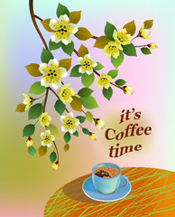 Canvas Print - Banner spring leaves blooming cherry blossom. Coffee on the table in the spring. Time to drink coffee.