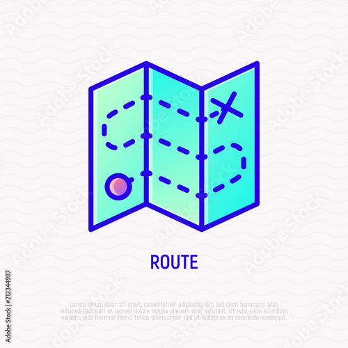 Obraz na płótnie Route on folded map thin line icon. Modern vector illustration of navigation.