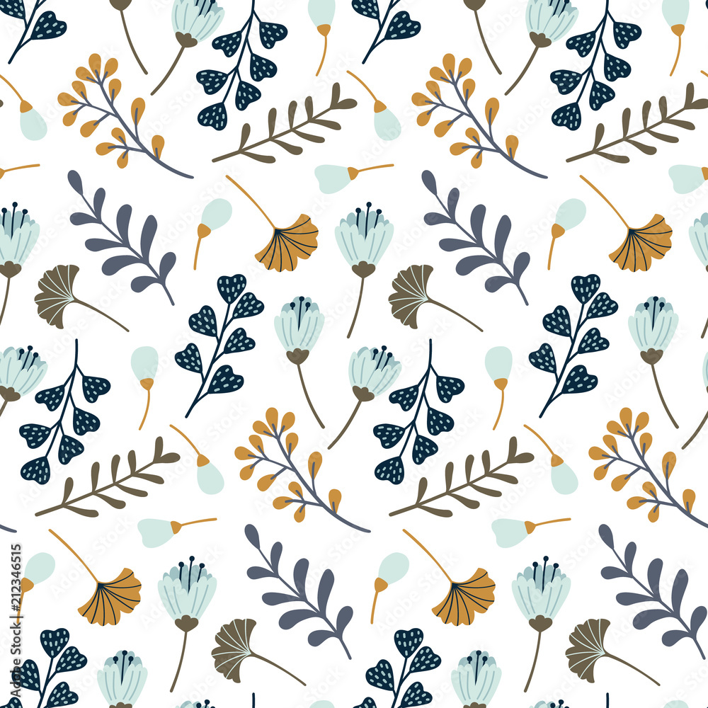 Modern seamless pattern with leaves, flowers and floral elements. Autumn pattern design. Good for printing. Vector wallpaper. - obrazy, fototapety, plakaty 