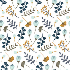 Modern seamless pattern with leaves, flowers and floral elements. Autumn pattern design. Good for printing. Vector wallpaper.