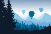Vector Illustration Of Mountain Landscape With Forest, Flying Hot Air Balloons And Birds In Blue Sky