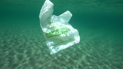 Wall Mural - Plastic waste underwater, a reusable plastic bag in the Mediterranean sea between water surface and a sandy seabed, Almeria, Andalusia, Spain

