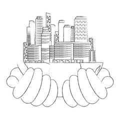 Sticker - hands lifting half world with buildings vector illustration design