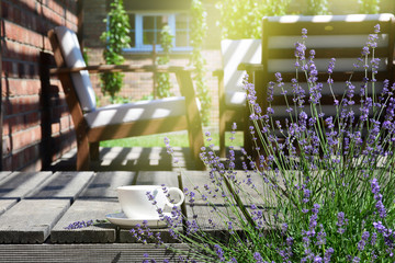 Cup of tea in the provence style modern backyard garden terrace surrounded by lavender