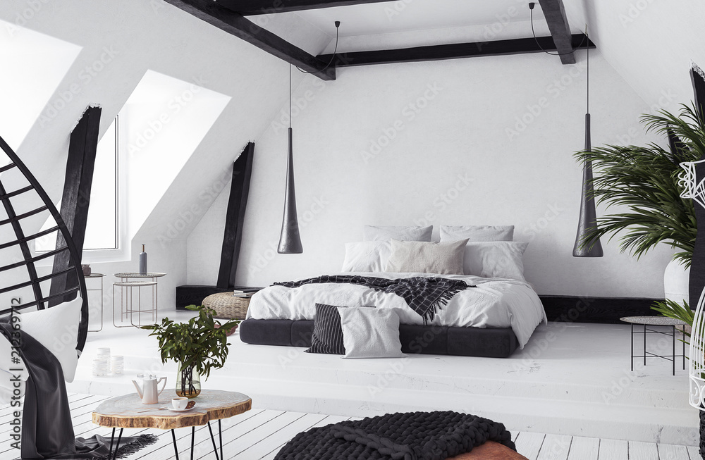 Modern open-plan apartment in attic, loft style, 3d render - obrazy, fototapety, plakaty 