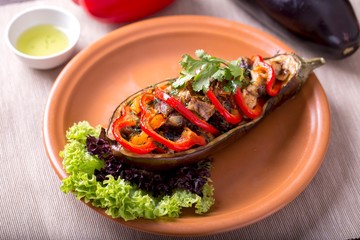 Sticker - Eggplant stuffed minced meat  and vegetables. Healthy food, dietary food