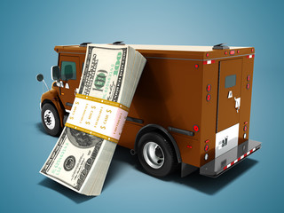 Modern transport concept stack of dollars in brown cargo bank with armored car, side view 3d render on blue background with shadow