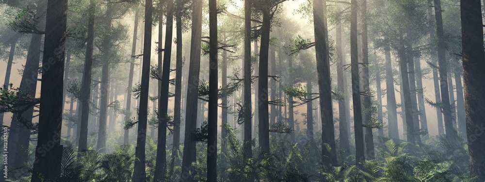 Trees in the fog. The smoke in the forest in the morning. A misty morning among the trees. 3D rendering - obrazy, fototapety, plakaty 