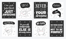 Vector Set Of Cute Postcards With Funny Sea Animals And Text.