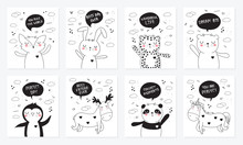 Vector Cartoon Collection Of Postcards With Cute Doodle Animals With Motivation Lettering Phrase