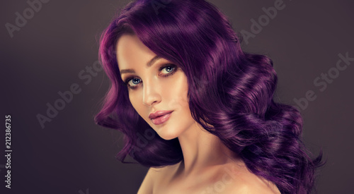 Beautiful Model Girl With Long Purple Curly Hair Care