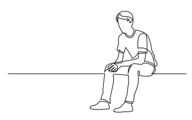Poster - continuous line drawing of sitting young man thinking