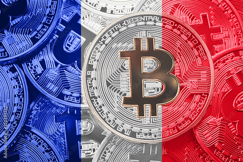 Stack of Bitcoin France flag. Bitcoin cryptocurrencies concept. BTC background.