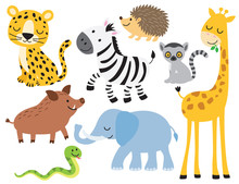 Vector Illustration Of Cute Wild Animals Including Leopard, Zebra, Giraffe, Elephant, Boar, Hedgehog, Snake, Elephant And Lemur.