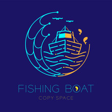 Fishing Boat, Fish, Seagull, Wave And Fishing Net Circle Shape Logo Icon Outline Stroke Set Dash Line Design Illustration Isolated On Dark Blue Background And Copy Space