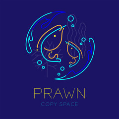 Prawn or shrimp, Water splash, Coral, Seaweed and Air bubble logo icon outline stroke set dash line design illustration isolated on dark blue background with prawn text and copy space