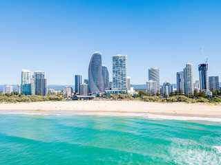 An aerial view of Broadbeach on the Gold Coast with blue water