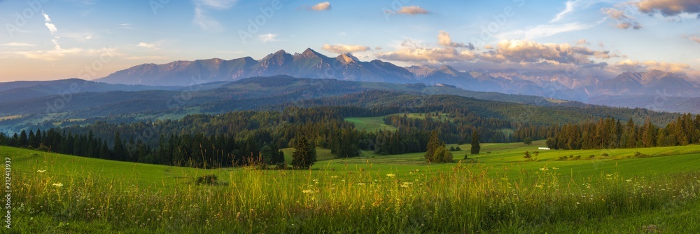 Mountain landscape at sunrise - spring panorama of the Tatra Mountains, Poland - obrazy, fototapety, plakaty 