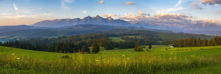 Mountain landscape at sunrise - spring panorama of the Tatra Mountains, Poland