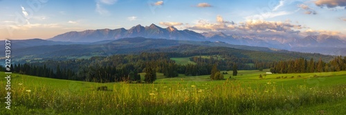 Fényképezés  Mountain landscape at sunrise - spring panorama of the Tatra Mountains, Poland