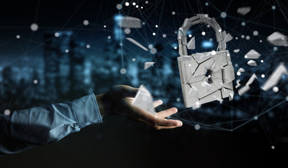 Poster - Businessman hacking in broken padlock security 3D rendering