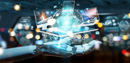 Poster - white cyborg hand connecting devices together 3d rendering