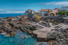 Garachico, Idyllic Village  In The North  Of Tenerife With Black Volcanic Rocks, Naturally Designed Sea Pools And  Historical Fortress