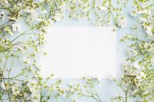 Empty Sheet Of Paper Surrounded By Small White Flowers. Blank Postcard On A Blue Background