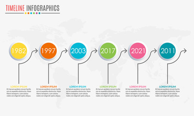 Poster - timeline infographics template with 6 circles and arrow. 6 steps, options, levels or processes. busi