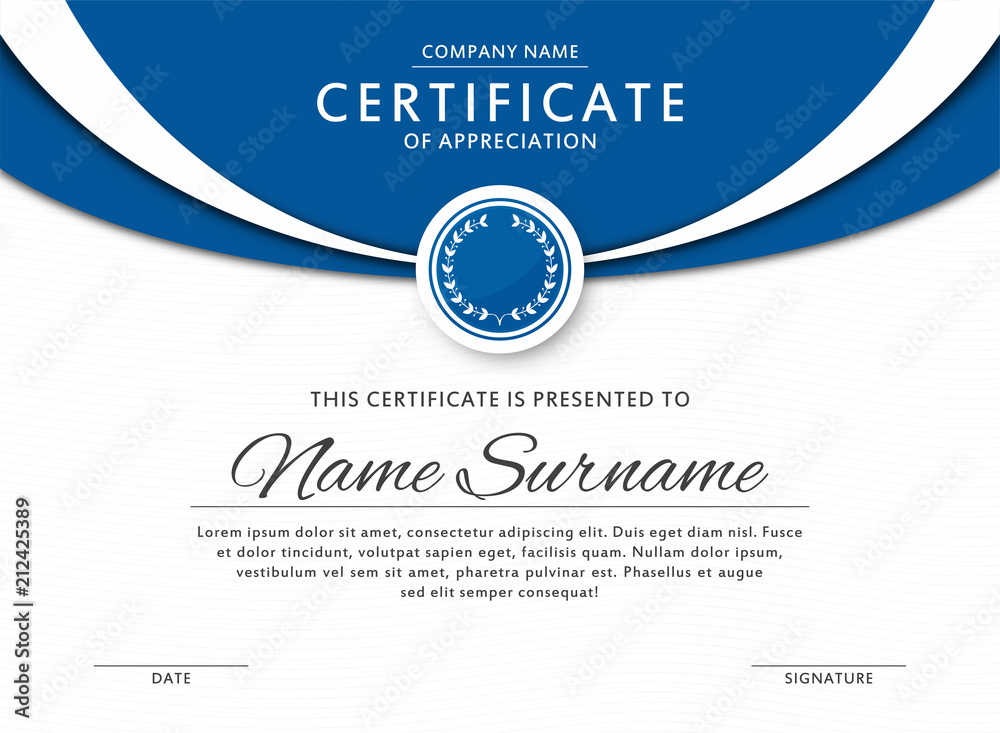 Certificate template in elegant blue color with medal and abstract borders, frames. Certificate of appreciation, award diploma design template - obrazy, fototapety, plakaty 