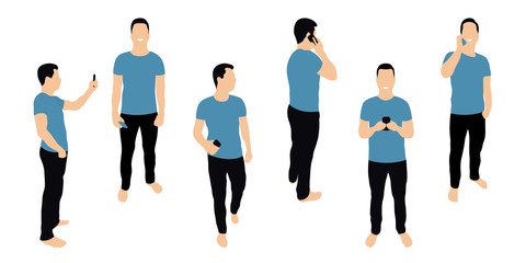 Crowd of people with smartphones. Men, teens, young boys are using smartphones, texting, talking and taking selfie. Social network and messengers concept. Characters in flat isometric style