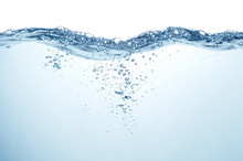 Water With Air Bubbles Underwater And Waves On White Background