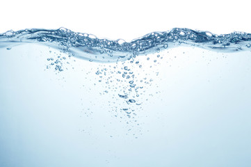 water with air bubbles underwater and waves on white background
