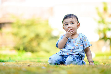 Wall Mural - cute indian baby boy playing at garden