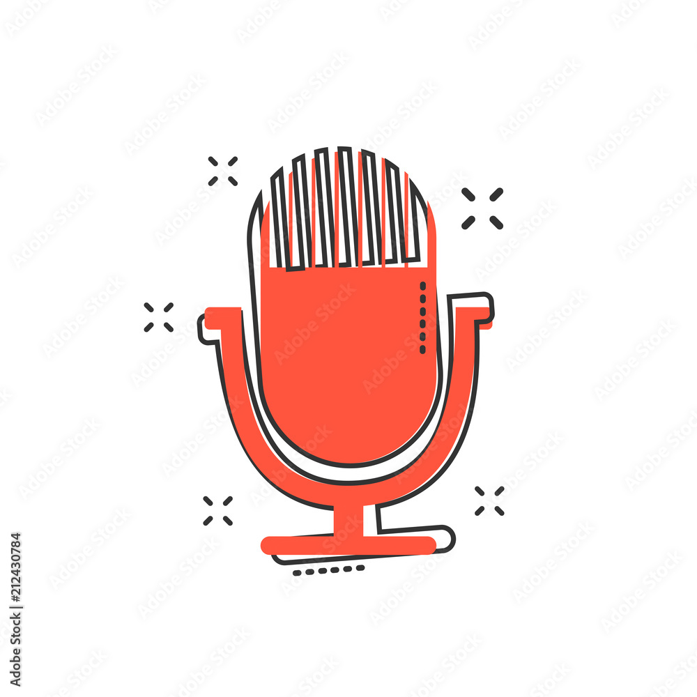 Cartoon microphone icon in comic style. Mic illustration pictogram. Mike sign splash business concept.