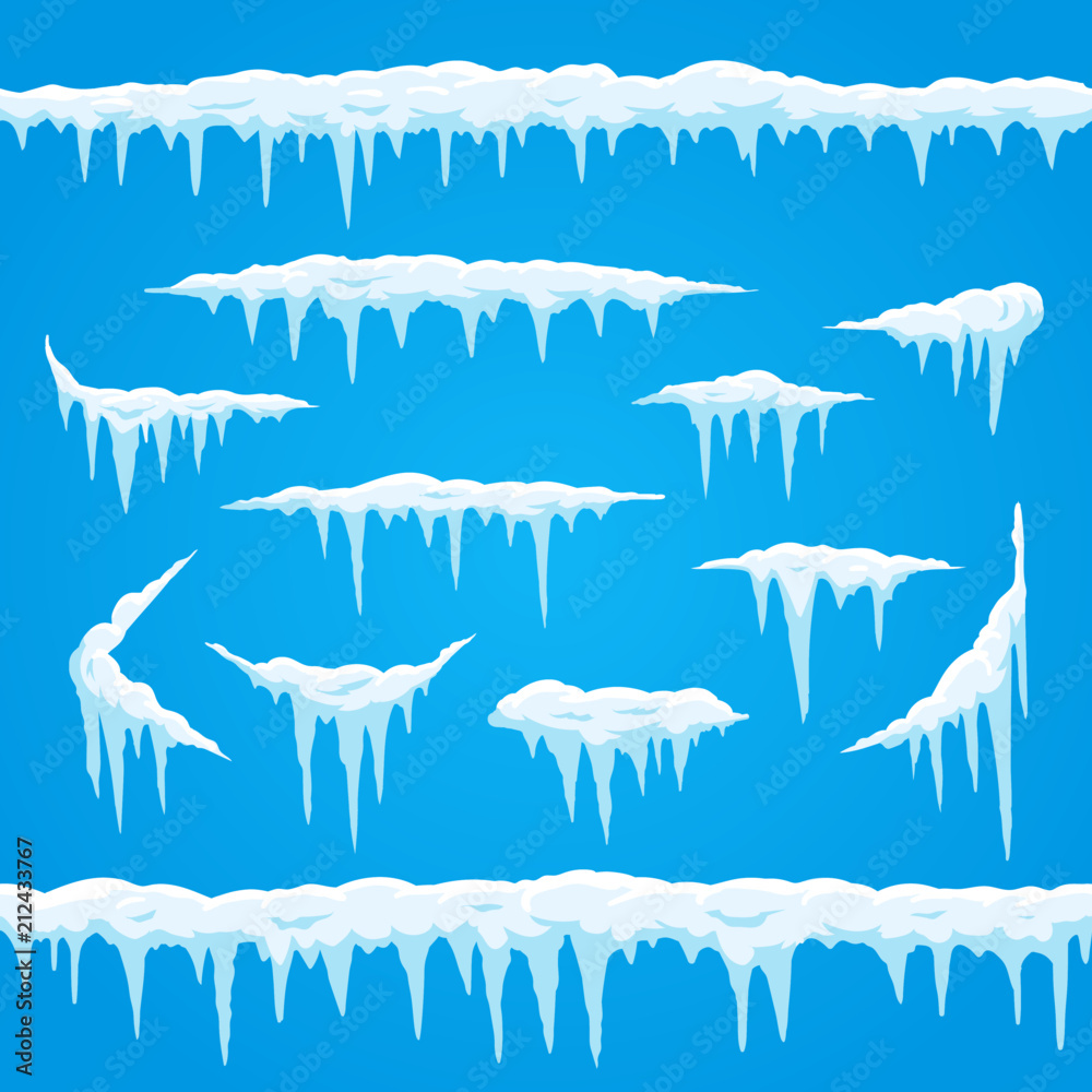 Cartoon icicles ice cap. Winter frosted snow frame for snowfall sign. Top of snowcap, snowed frames borders vector set - obrazy, fototapety, plakaty 