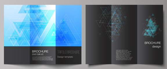 The minimal vector illustration of editable layouts. Modern covers design templates for trifold brochure or flyer. Polygonal background with triangles, connecting dots and lines. Connection structure.