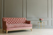Pink Sofa On The Grey Wall Background. Minimalism Interior