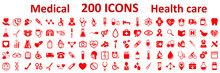 Set 200 Medecine And Health Flat Icons. Collection Health Care Medical Icons – Stock Vector