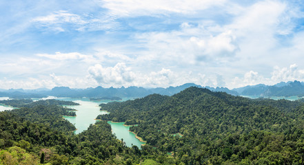 Aerial panorama of lake, mountain and forest at Krai Sorn view point, Khao Sok National Park.