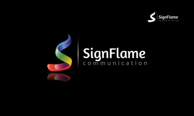Poster - Sign Flame Communication Vector Logo Template. Creative 3D abstract vector logo design with shinny effect. this object look like flames and letter of S put on black background.