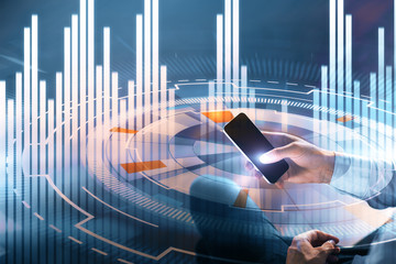 Poster - businessman with smartphone at cyber background