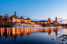 Dresden, Germany - July 6, 2018: Dresden Old Town Architecture With Elbe River Embankment At Night,  Saxony, Germany.