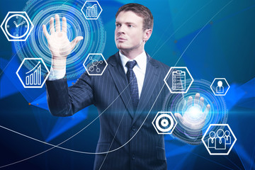 Poster - businessman and cyber screen icons