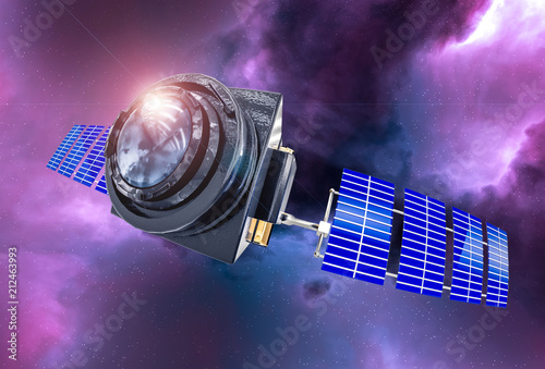 Cuadros en Lienzo Space Telescope concept 3D rendering in the space purple nebula with lens flare