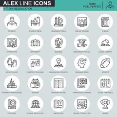 Poster - Thin line education and knowledge icons set for website and mobile site and apps. Contains such Icons as Online Course, University, Studying. 48x48 Pixel Perfect. Editable Stroke. Vector illustration.